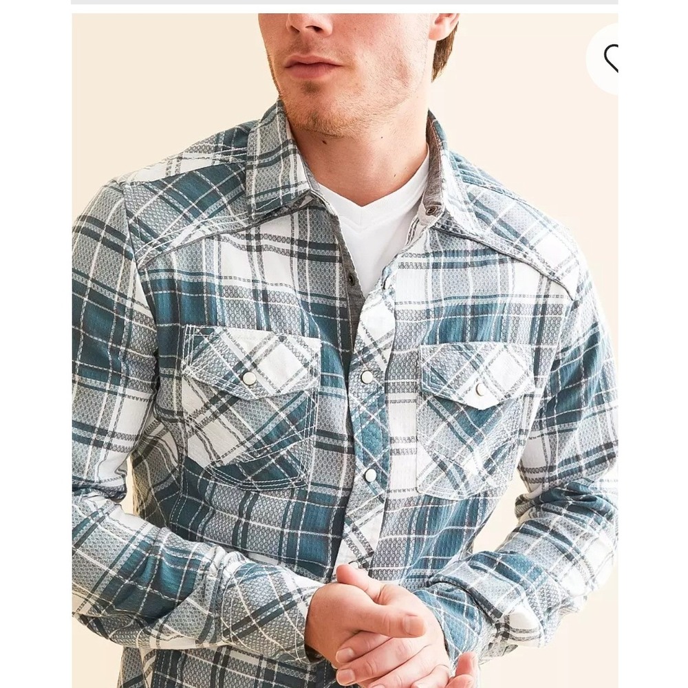 BKE Western Snap Shirt Mens Large Teal White Plaid Tailored Fit  Condition